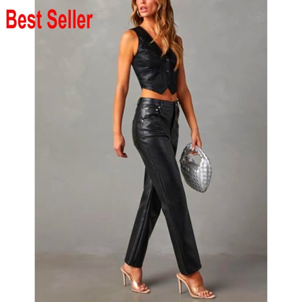 Faux Leather Vest Crop Top Button Front V-Neck Sleeveless Waistcoat - Picture 3 of 6